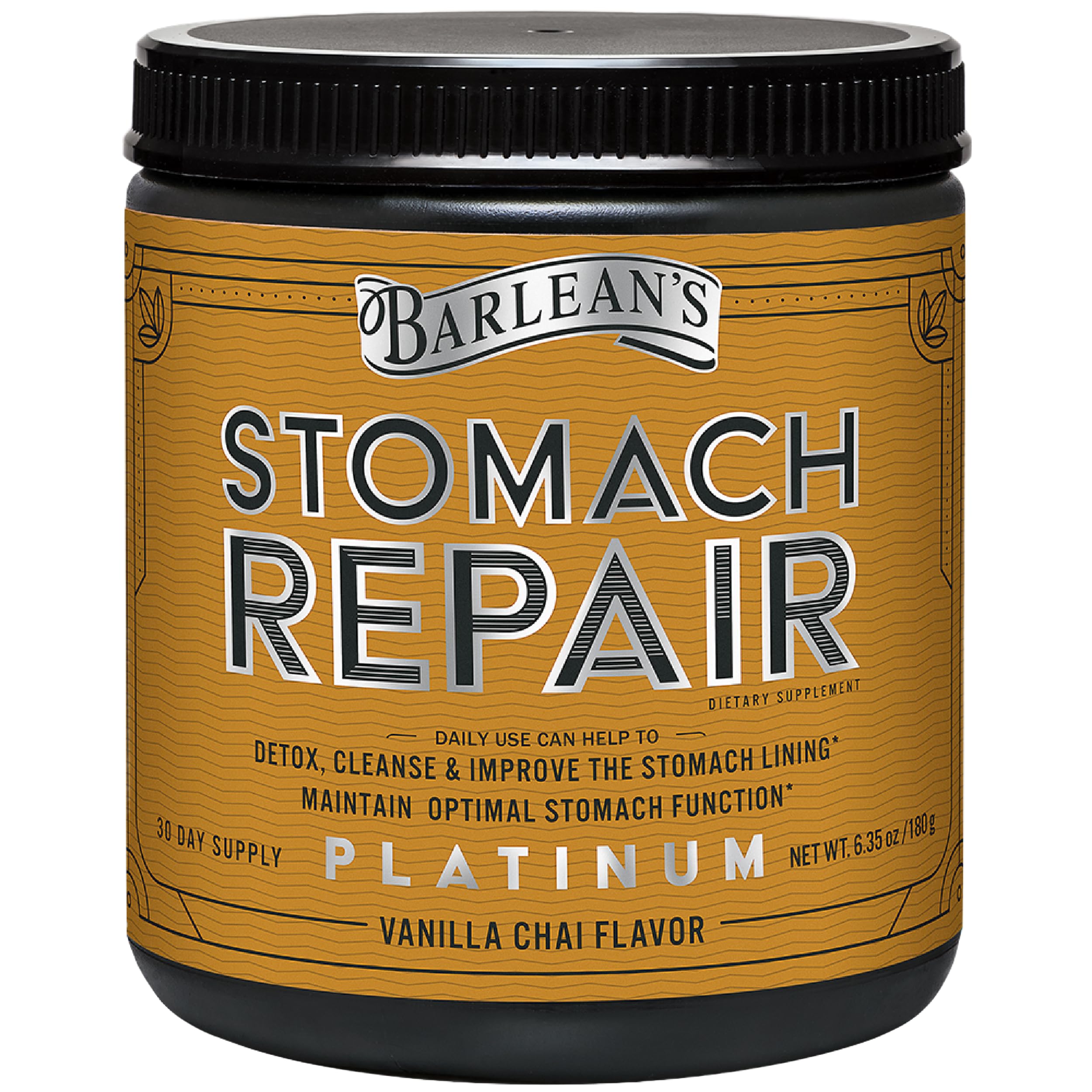 Front view of Barlean's Stomach Repair Vanilla Chai powder bottle 6.35 oz