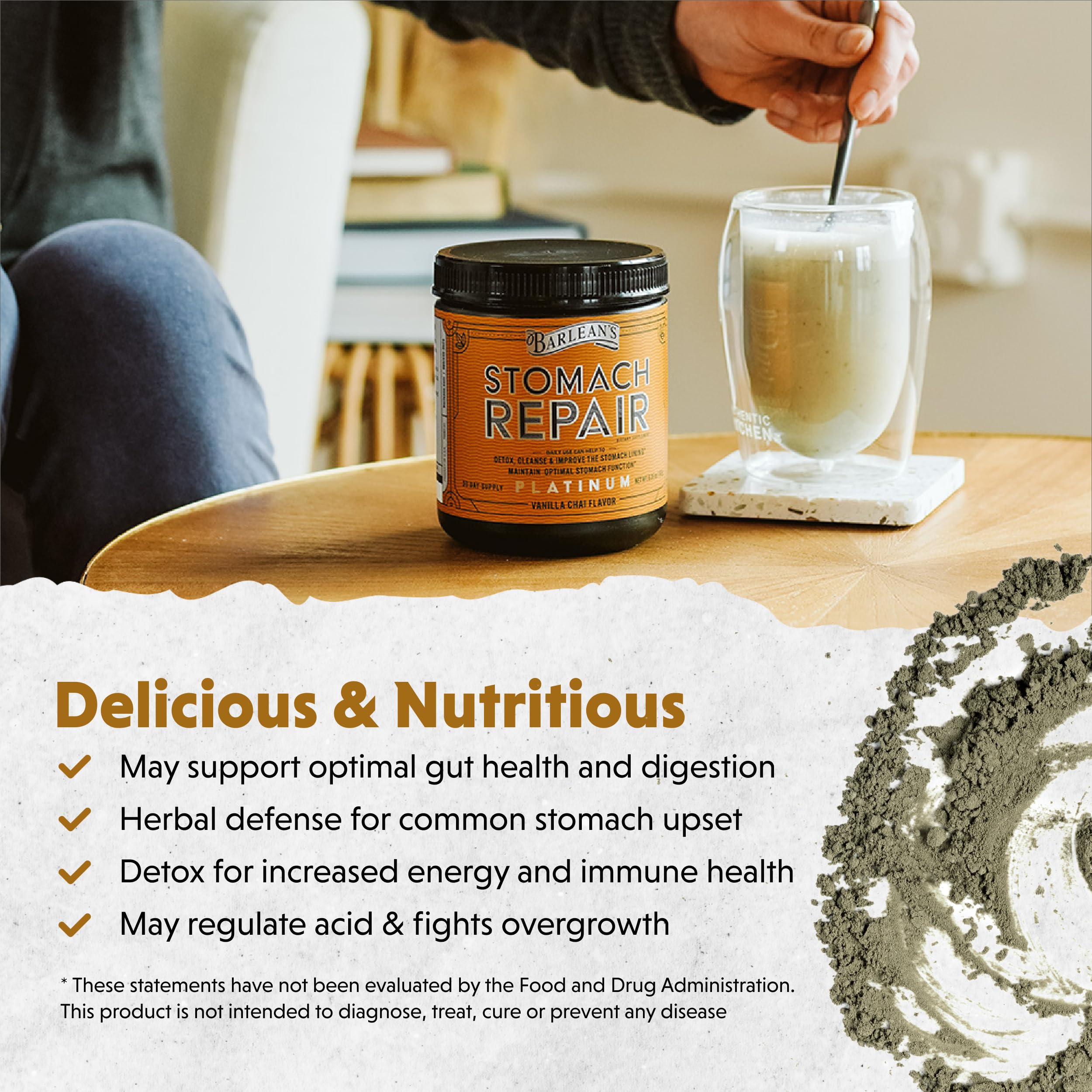 Ingredients and supplement facts on Barlean's Stomach Repair packaging