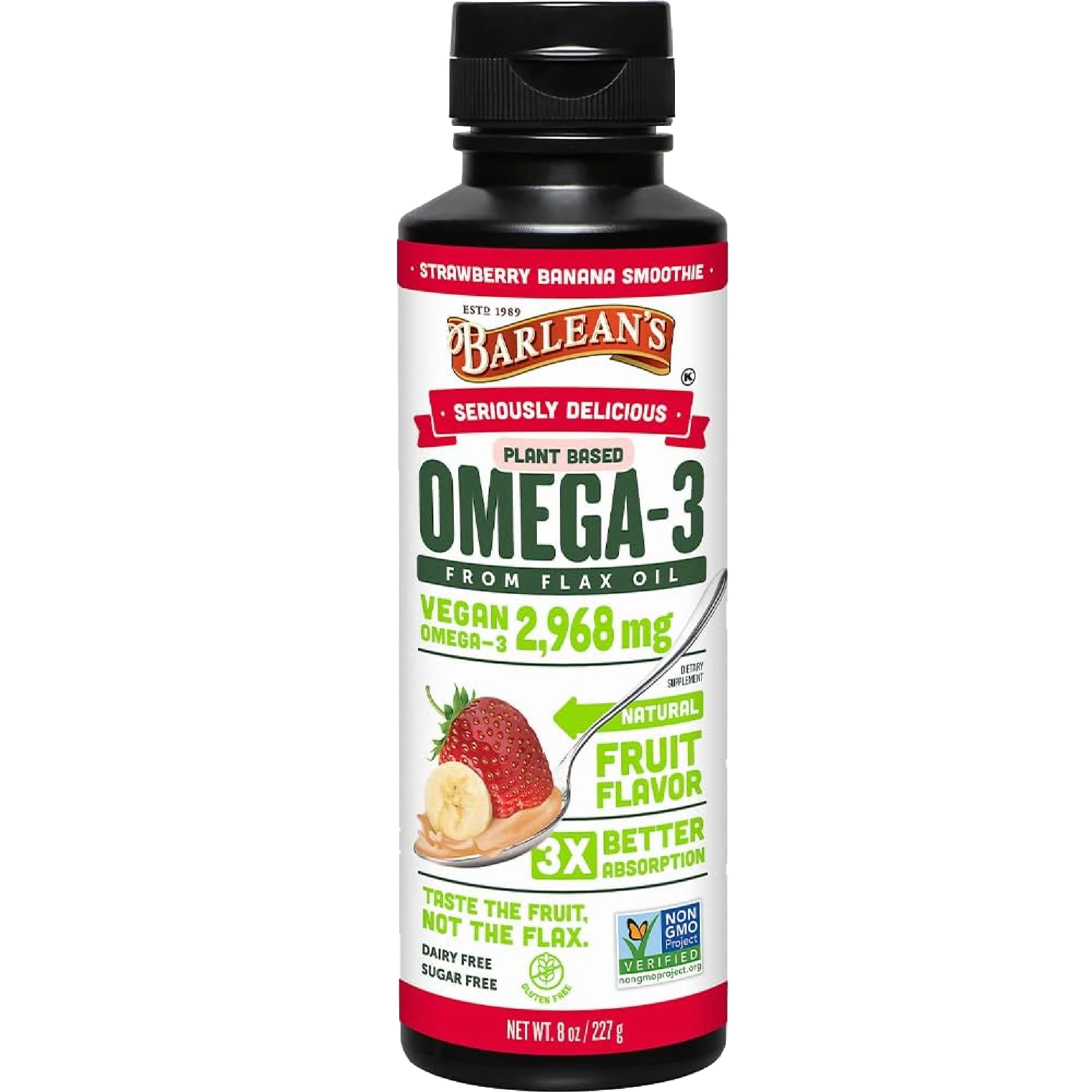 Barlean's Strawberry Banana Flaxseed Oil Liquid bottle front view