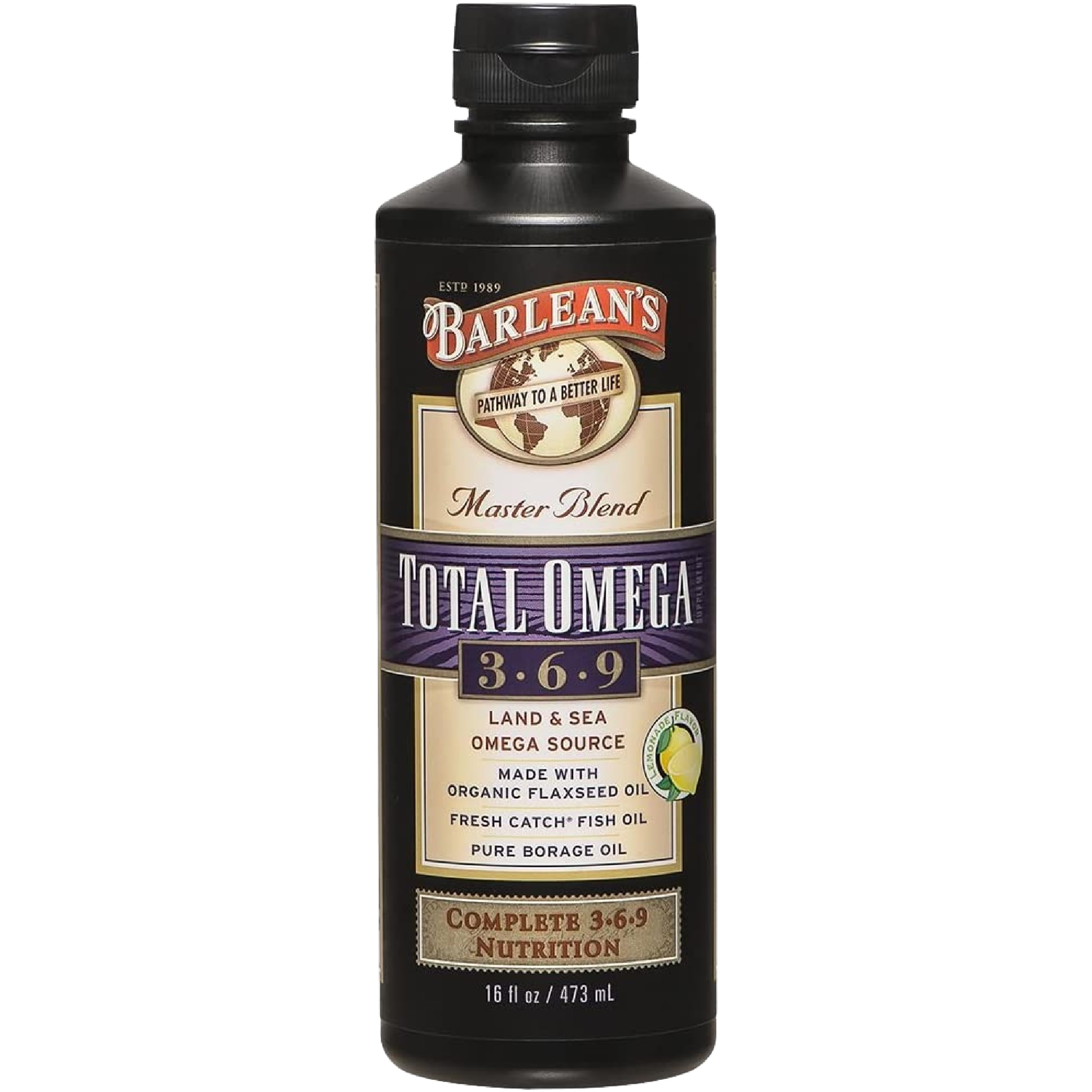 Barlean's Total Omega 3 6 9 bottle close-up for daily omega intake.