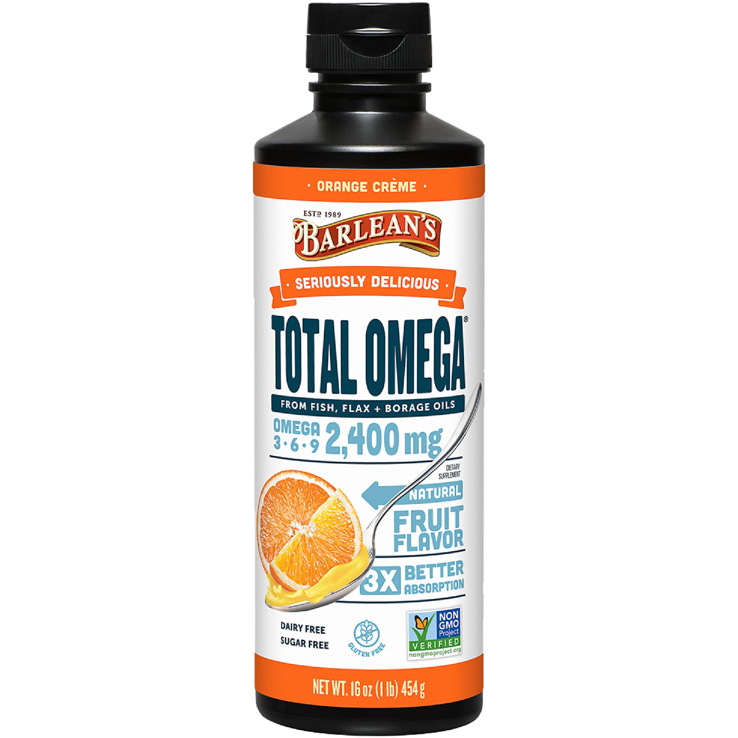 Barlean's Total Omega 3-6-9 Orange Creme liquid in a 16 oz bottle