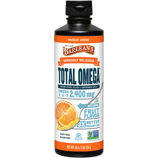 Barlean's Total Omega 3-6-9 Orange Creme liquid in a 16 oz bottle