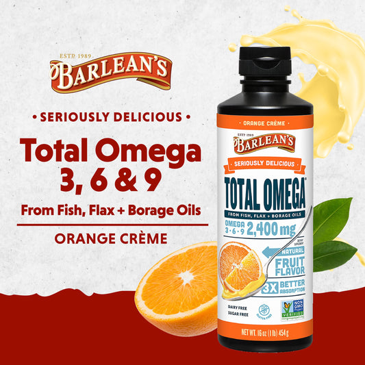 Pouring Barlean's Omega 3-6-9 Orange Creme liquid from the bottle