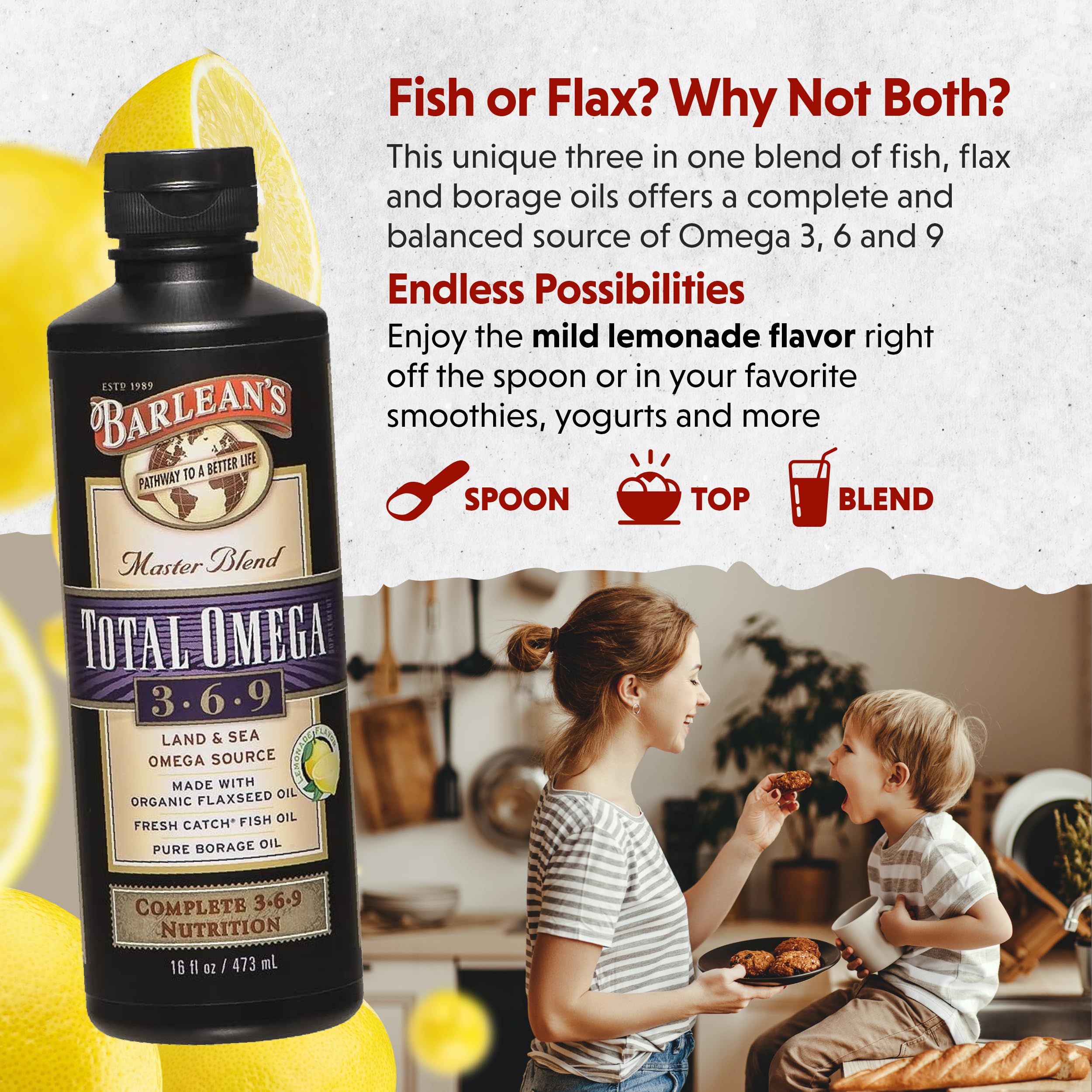 Triple Omega Master Blend infographic showing flax, fish, and borage oils