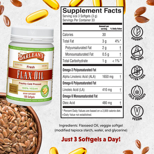 Barlean's flaxseed oil softgels bottle with label close-up