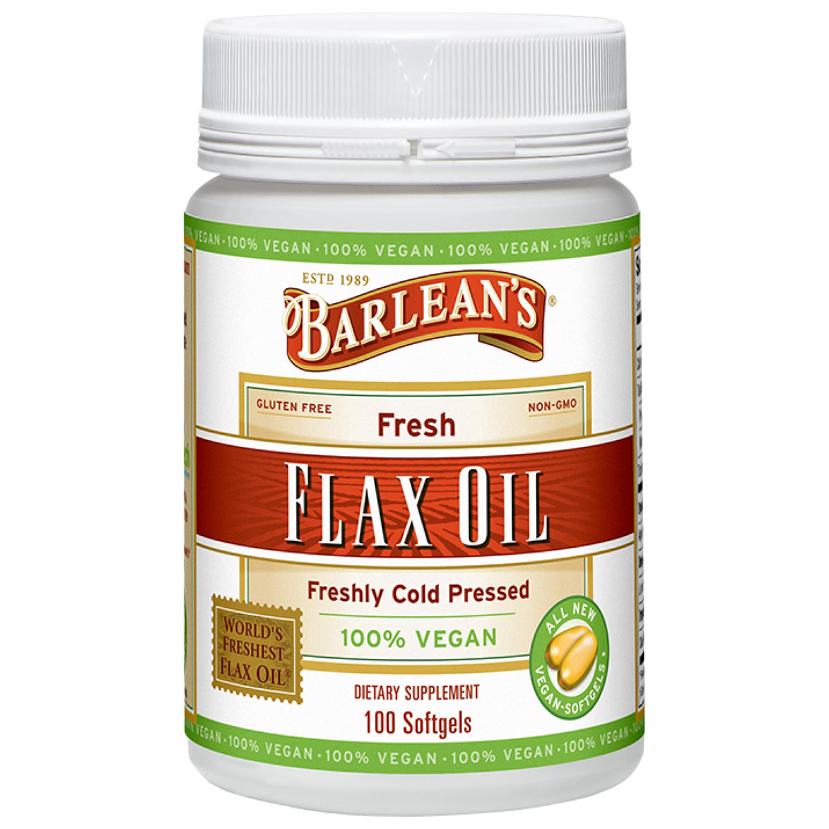 Front view of Barlean's vegan flaxseed oil softgels bottle