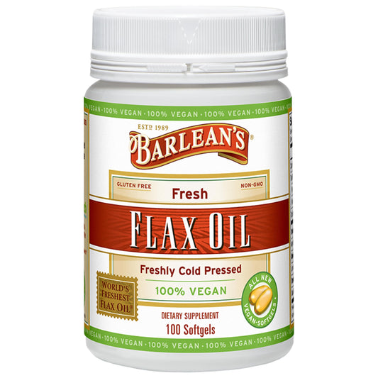 Front view of Barlean's vegan flaxseed oil softgels bottle