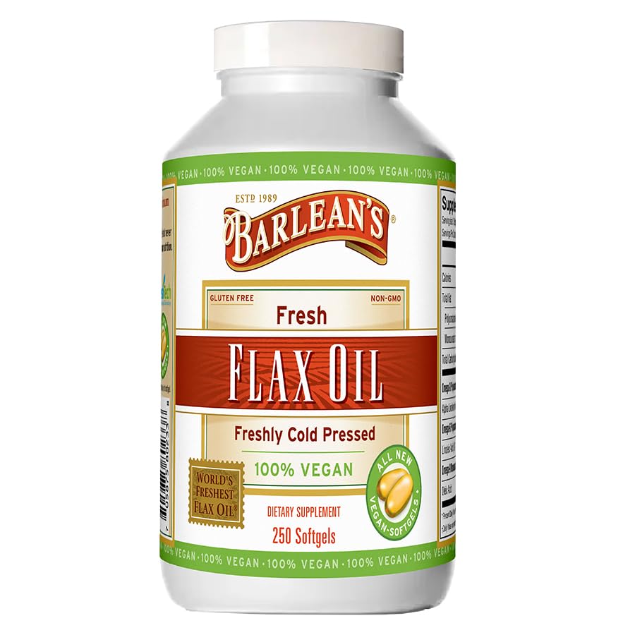 Barlean's Vegan Flaxseed Oil Softgels bottle and label