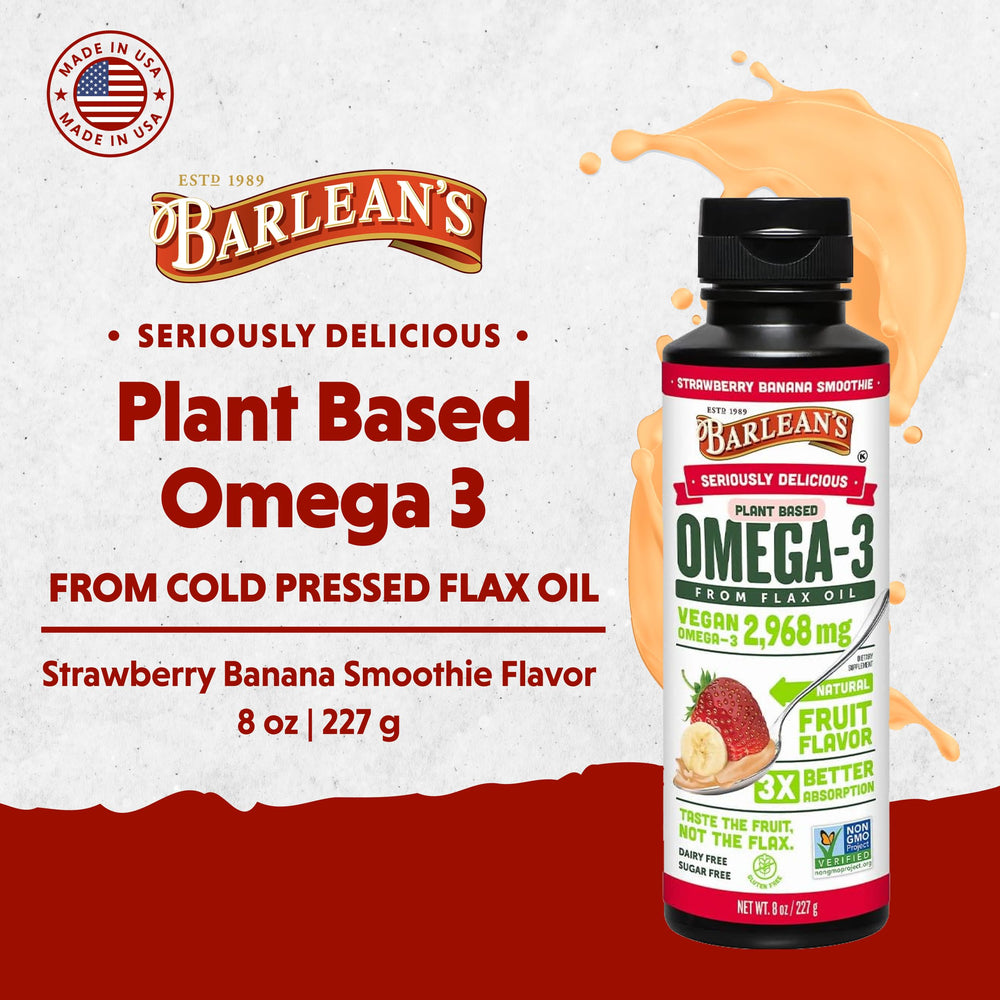 Front view of Barlean's vegan flaxseed oil bottle with label
