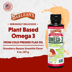 Front view of Barlean's vegan flaxseed oil bottle with label