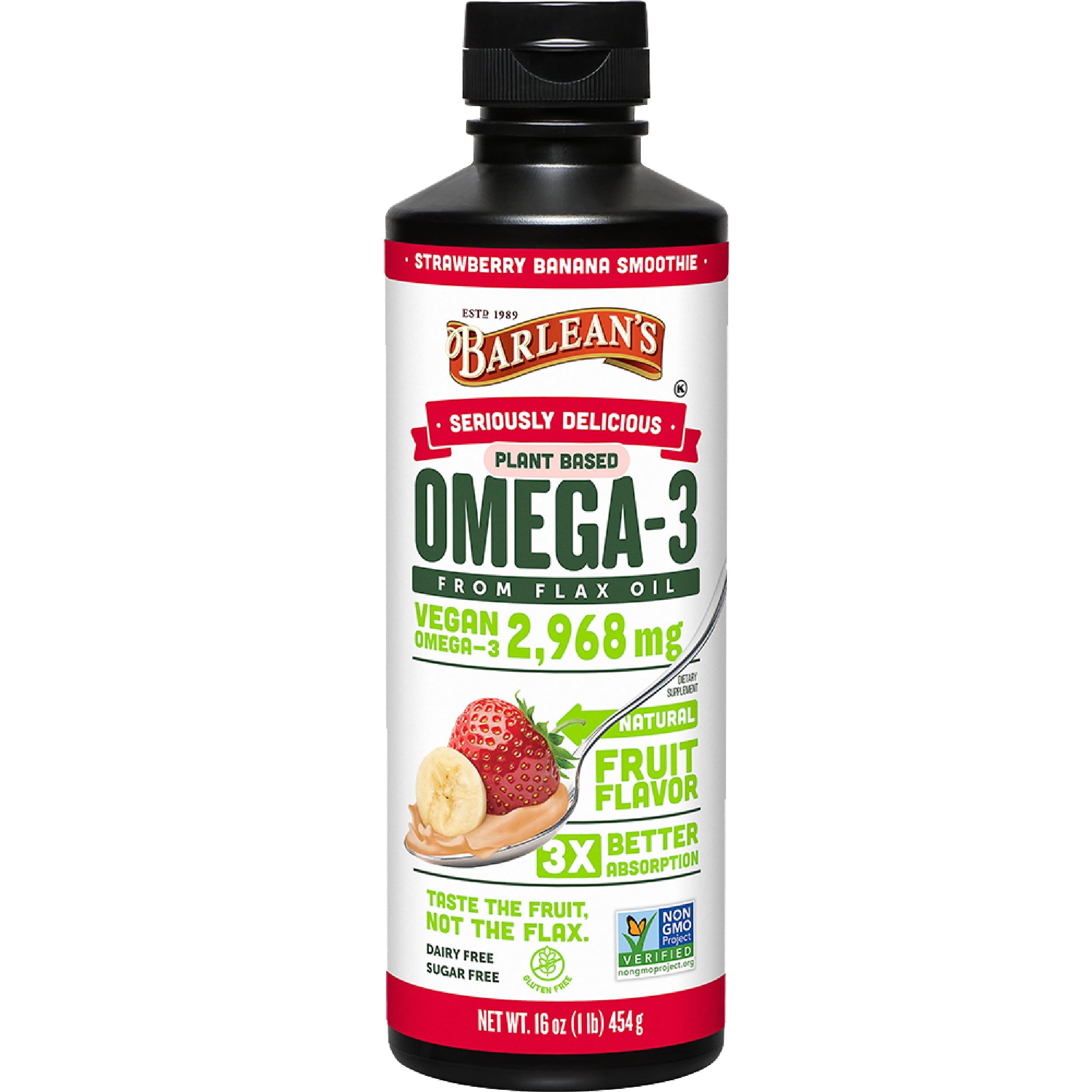 Barlean's vegan omega-3-6-9 flaxseed oil bottle with strawberry banana flavor, 16 oz, front view
