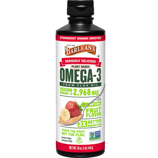 Barlean's vegan omega-3-6-9 flaxseed oil bottle with strawberry banana flavor, 16 oz, front view
