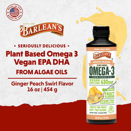 Serving spoon of Barlean's vegan omega-3 algae oil showing 630 mg EPA and DHA