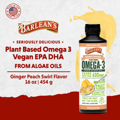 Serving spoon of Barlean's vegan omega-3 algae oil showing 630 mg EPA and DHA