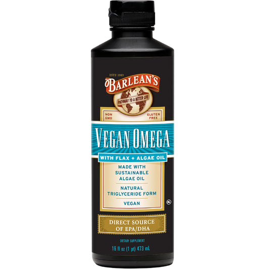 Barlean's Vegan Omega Liquid Flax and Algae Oil bottle front 16 oz
