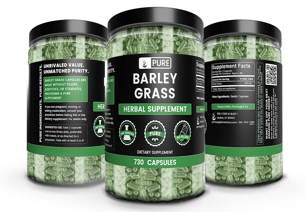 Barley grass capsules arranged in a row