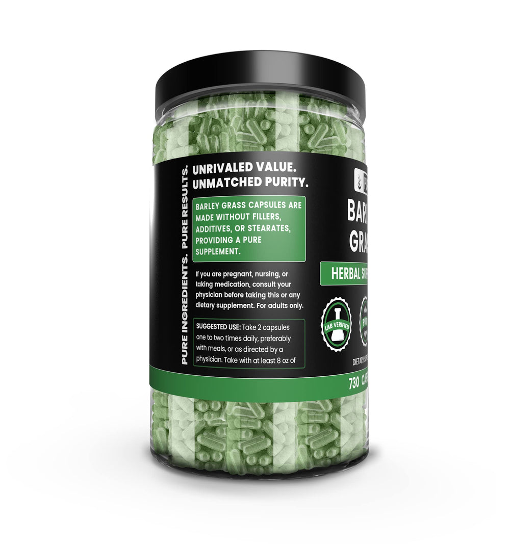 Open bottle of barley grass capsules