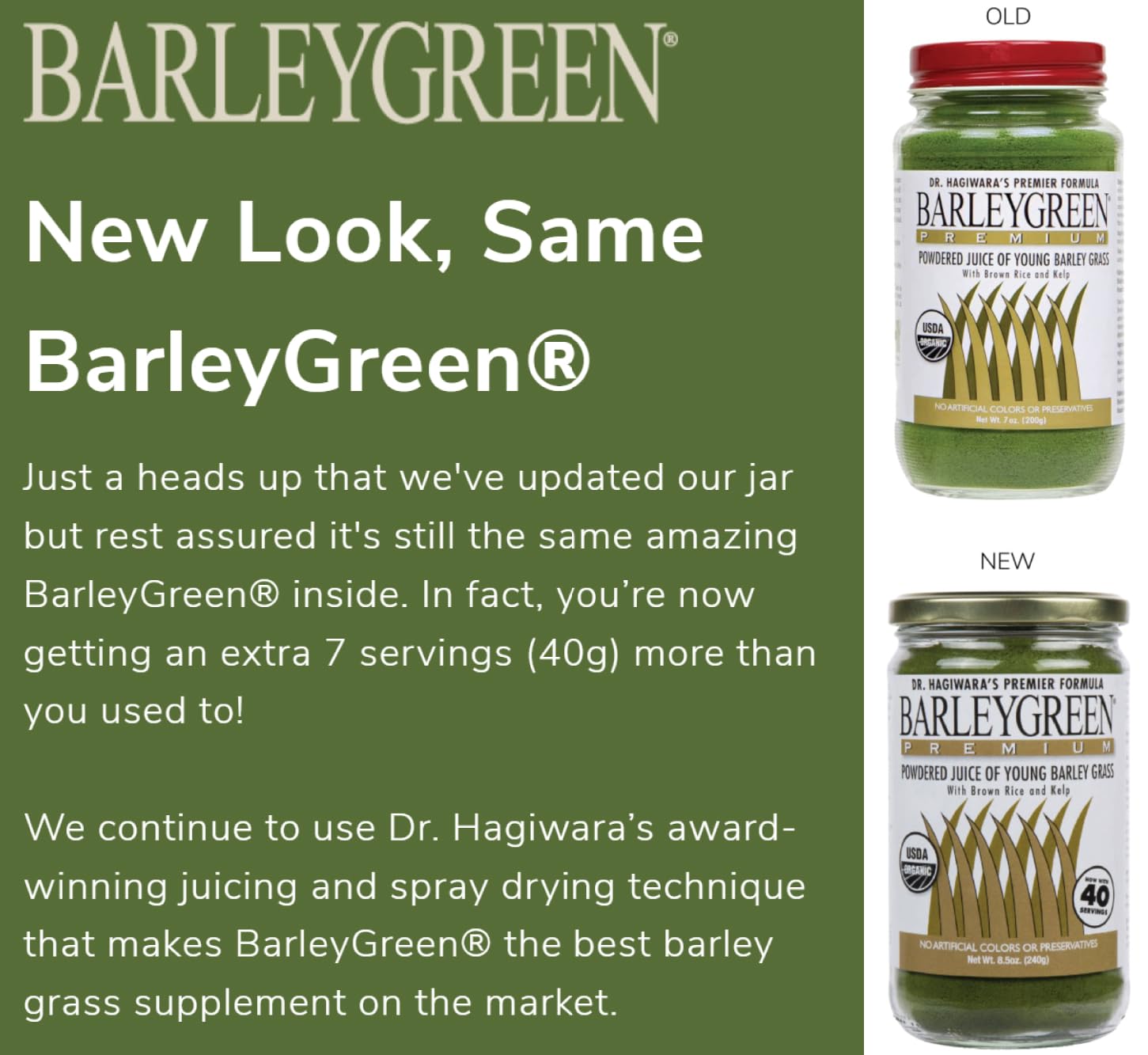 Close-up of BARLEYGREEN barley grass powder with kelp and brown rice ingredients