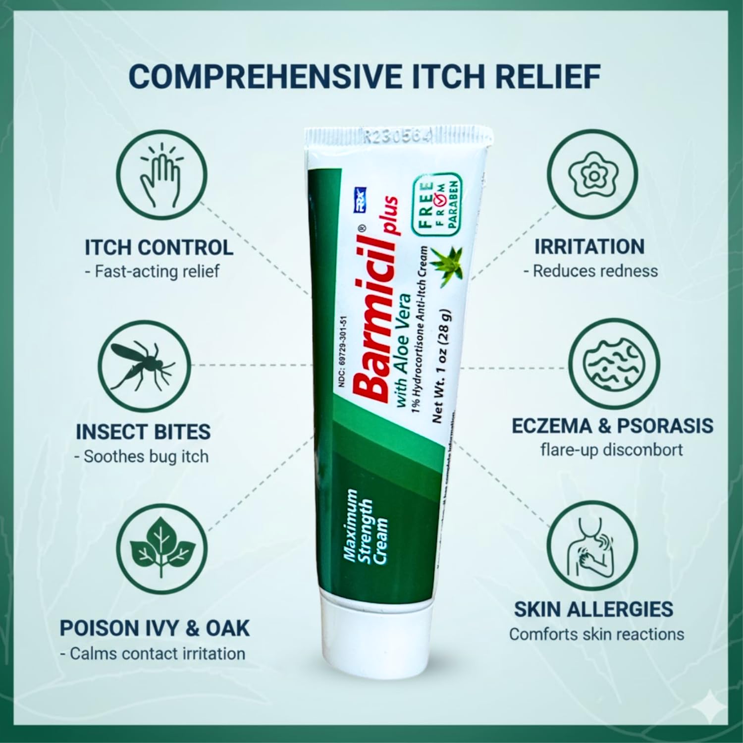 Barmicil Plus Cream label highlights hydrocortisone 1% for fast itch relief