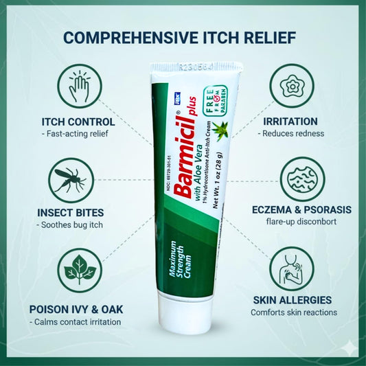 Barmicil Plus Cream label highlights hydrocortisone 1% for fast itch relief