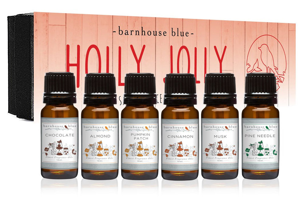 Barnhouse Blue Holly Jolly Set with six 10ml amber glass fragrance oil bottles