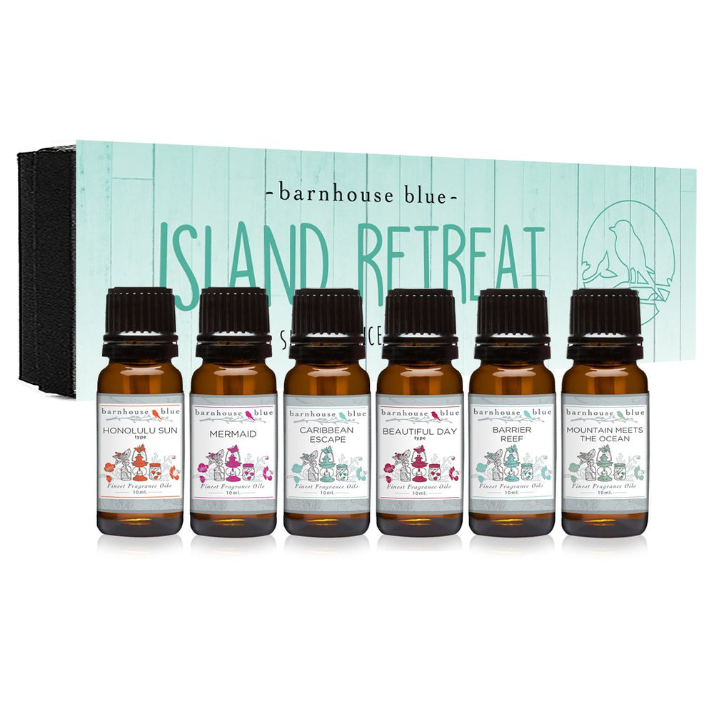 Barnhouse Blue Island Retreat fragrance oils set with six amber bottles