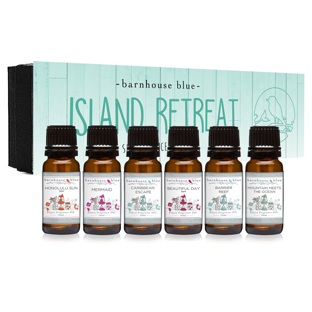 Barnhouse Blue Island Retreat fragrance oils set with six amber bottles
