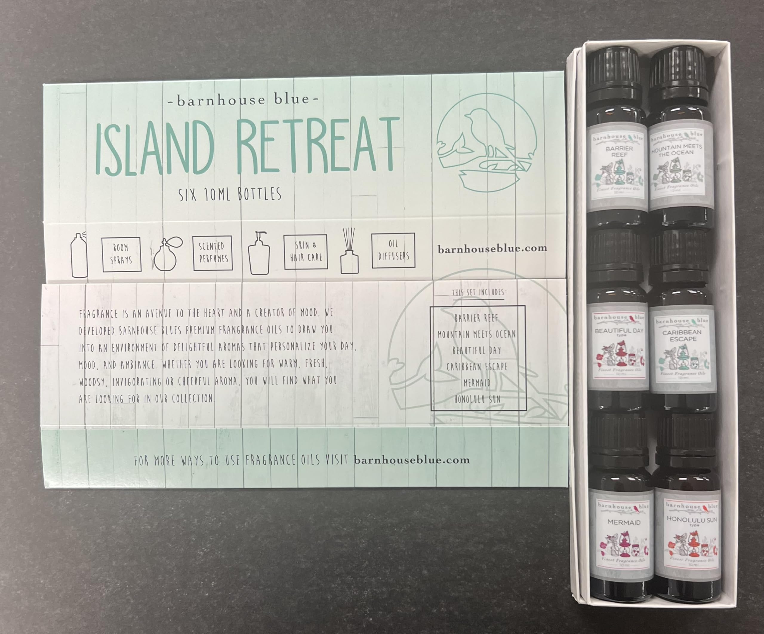 Assorted 10ml amber fragrance oil bottles from Barnhouse Blue Island Retreat