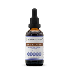 Front view of Secrets of the Tribe Barrenwort Tincture bottle with Epimedium Grandiflorum dried leaf (2 fl oz)