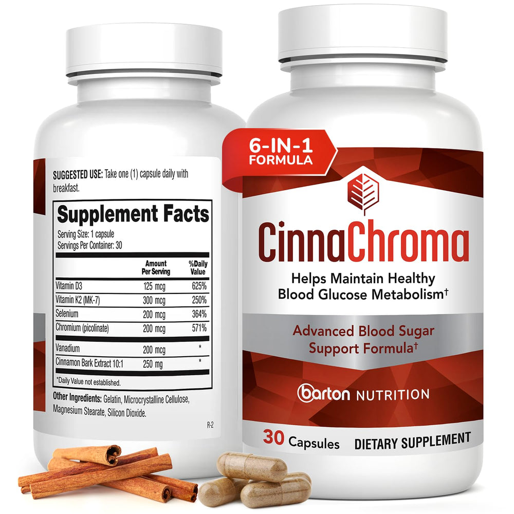 Barton Nutrition CinnaChroma bottle highlighting 10x cinnamon extract for sugar support.