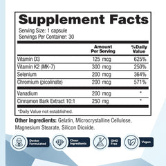 Ingredient list featuring chromium and vanadium for metabolic support.