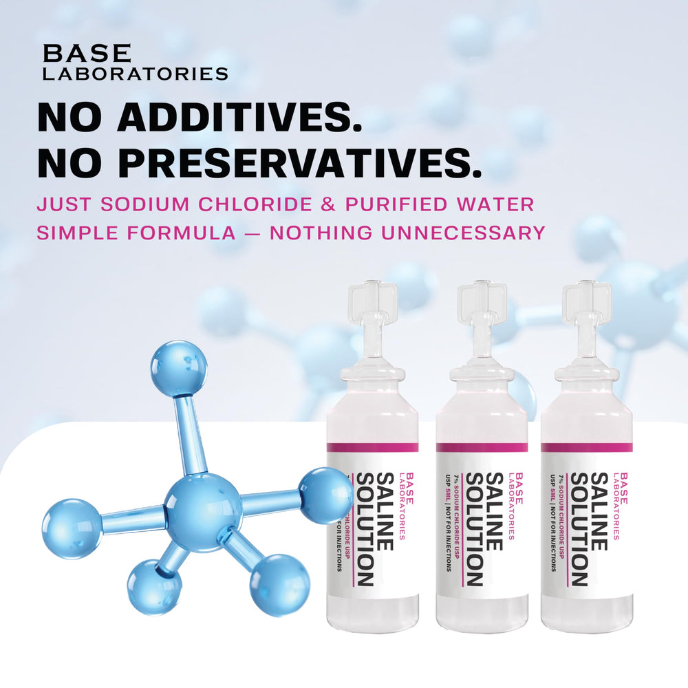 BASE LABORATORIES high-concentration saline label highlights saline strength