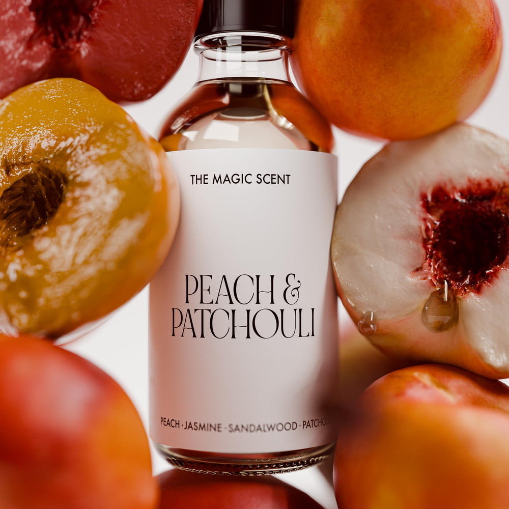 Graphic illustrating base notes sandalwood, vanilla, patchouli