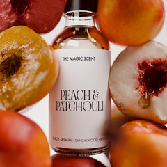Graphic illustrating base notes sandalwood, vanilla, patchouli