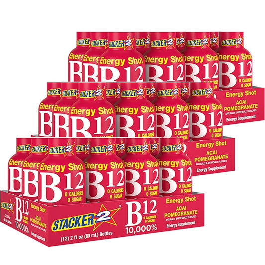 Based Box Stacker2 vitamin B shot bottle in acai-pomegranate flavor for quick energy support.