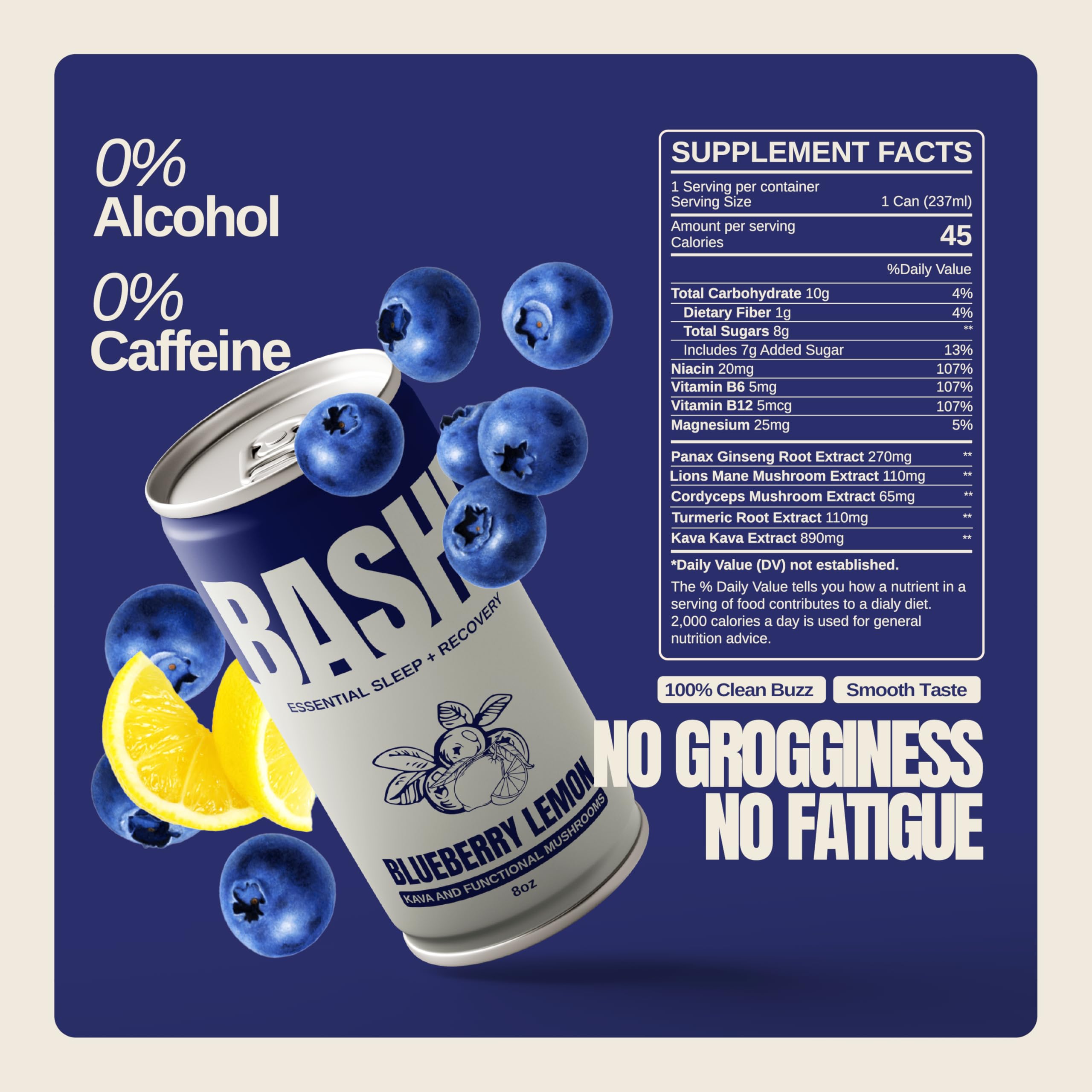 Back label of Bashi Kava Drink Blueberry Lemon 8oz can