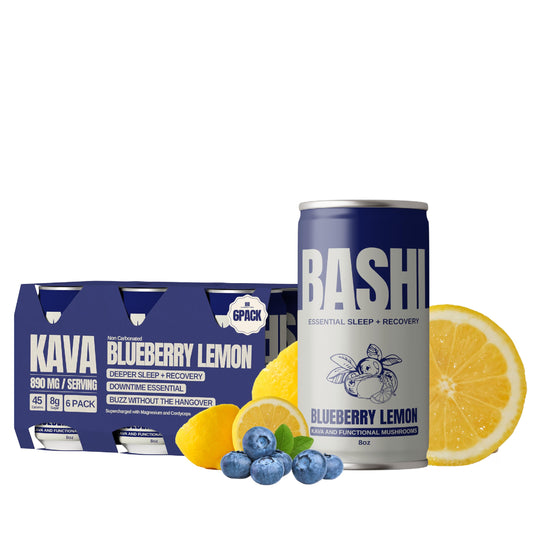 Front view of Bashi Kava Drink Blueberry Lemon 8oz can in 6-pack