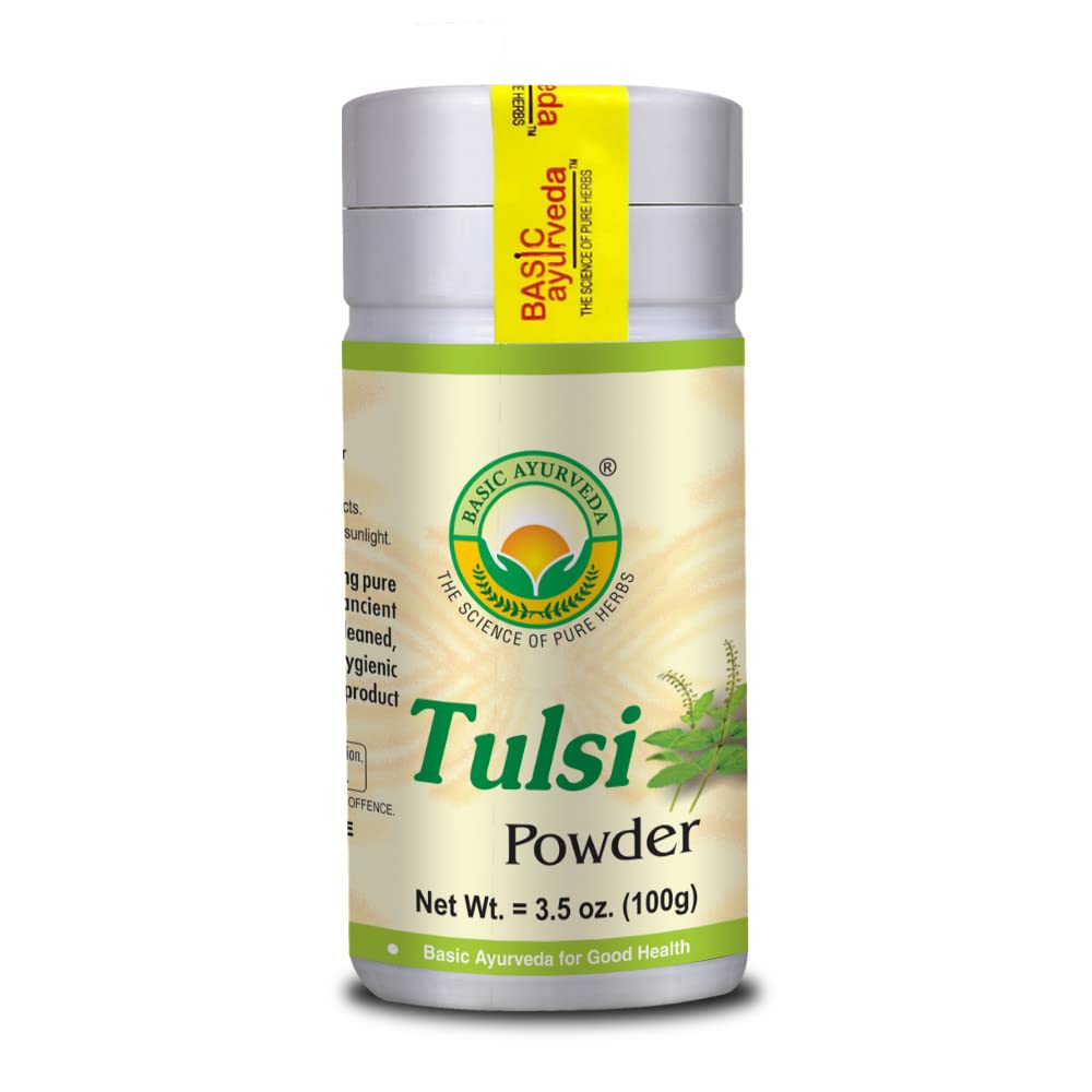 BASIC AYURVEDA Tulsi Powder bottle and 100g packaging