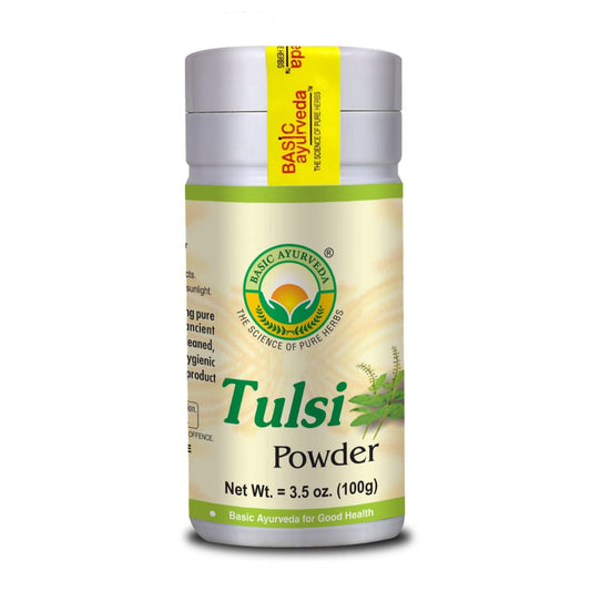 BASIC AYURVEDA Tulsi Powder bottle and 100g packaging