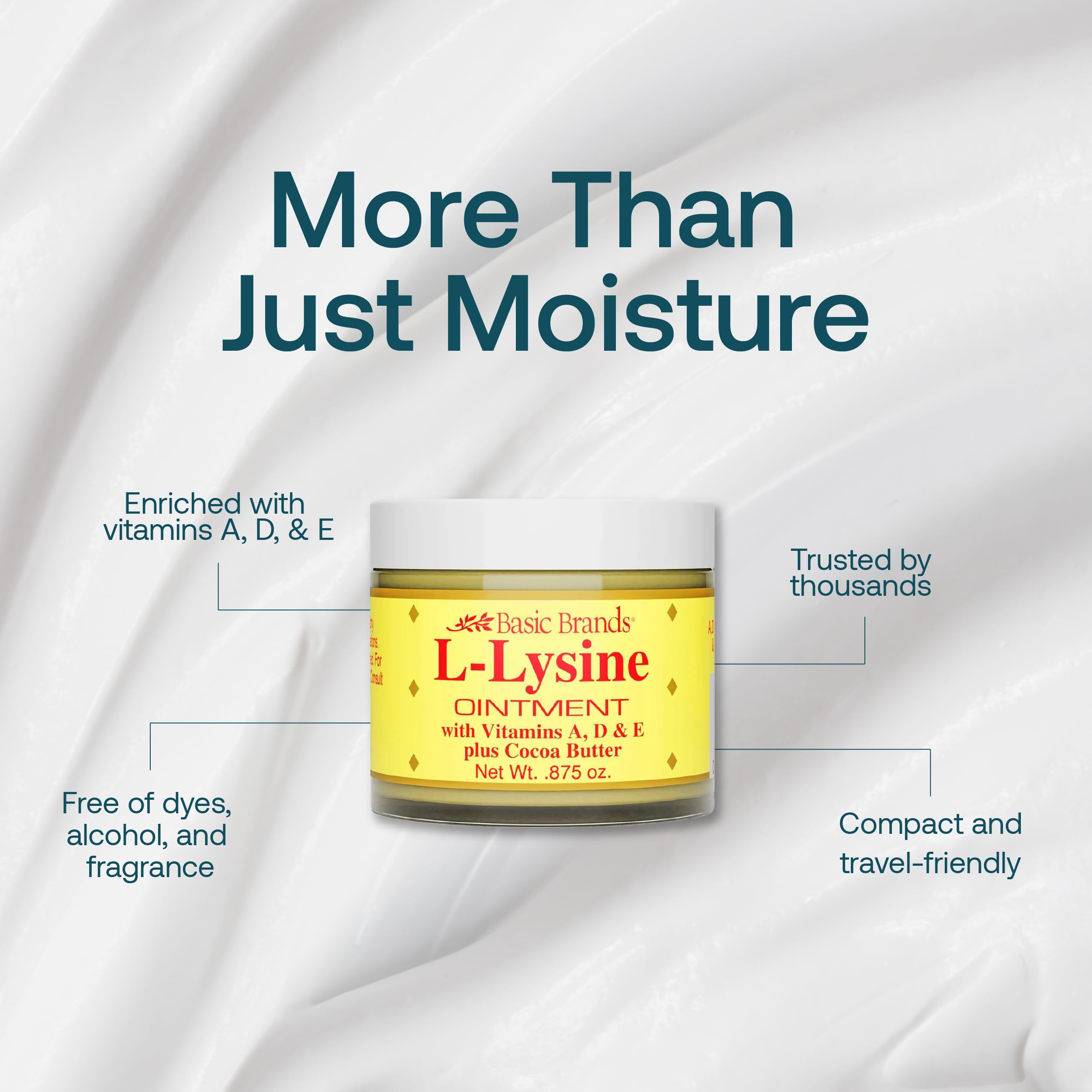 Basic Brands L-Lysine Lip Ointment ingredients featuring L-Lysine and vitamins for hydration.