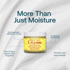 Basic Brands L-Lysine Lip Ointment ingredients featuring L-Lysine and vitamins for hydration.