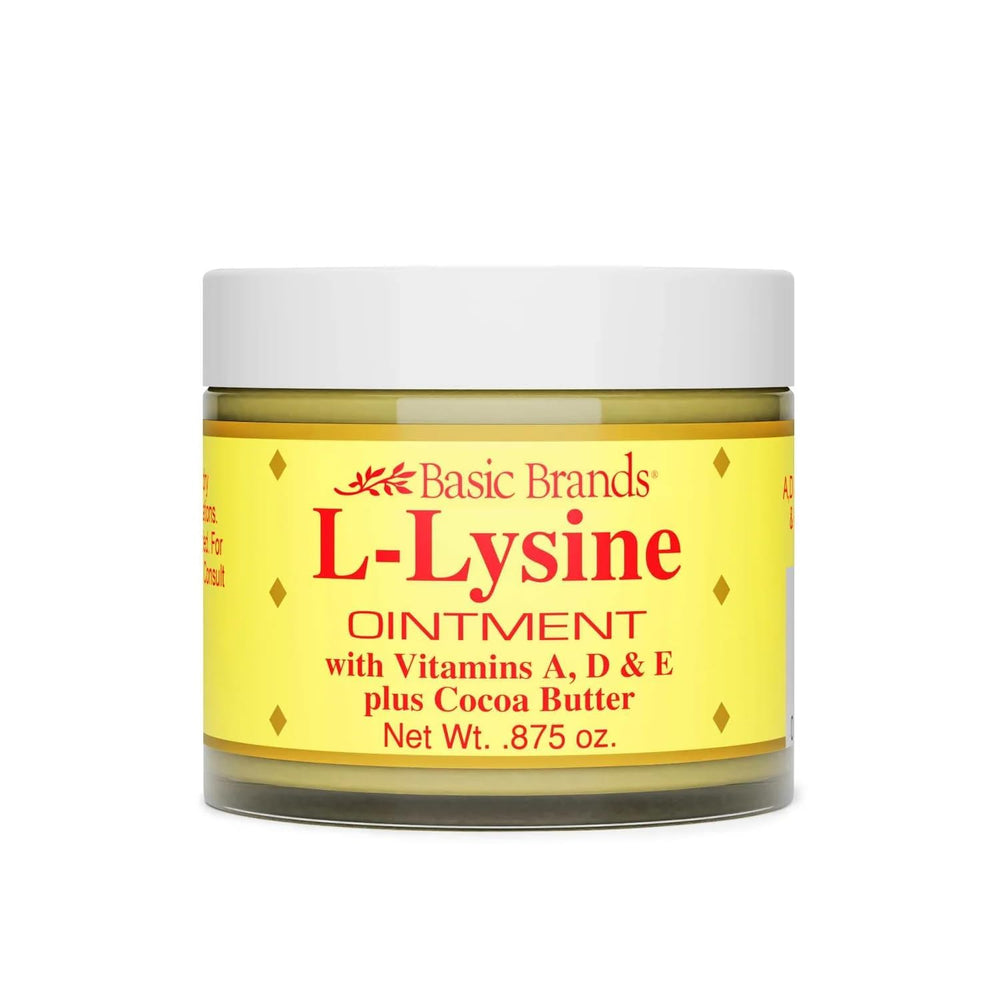 Basic Brands L-Lysine Lip Ointment tube application for soothing lip protection.