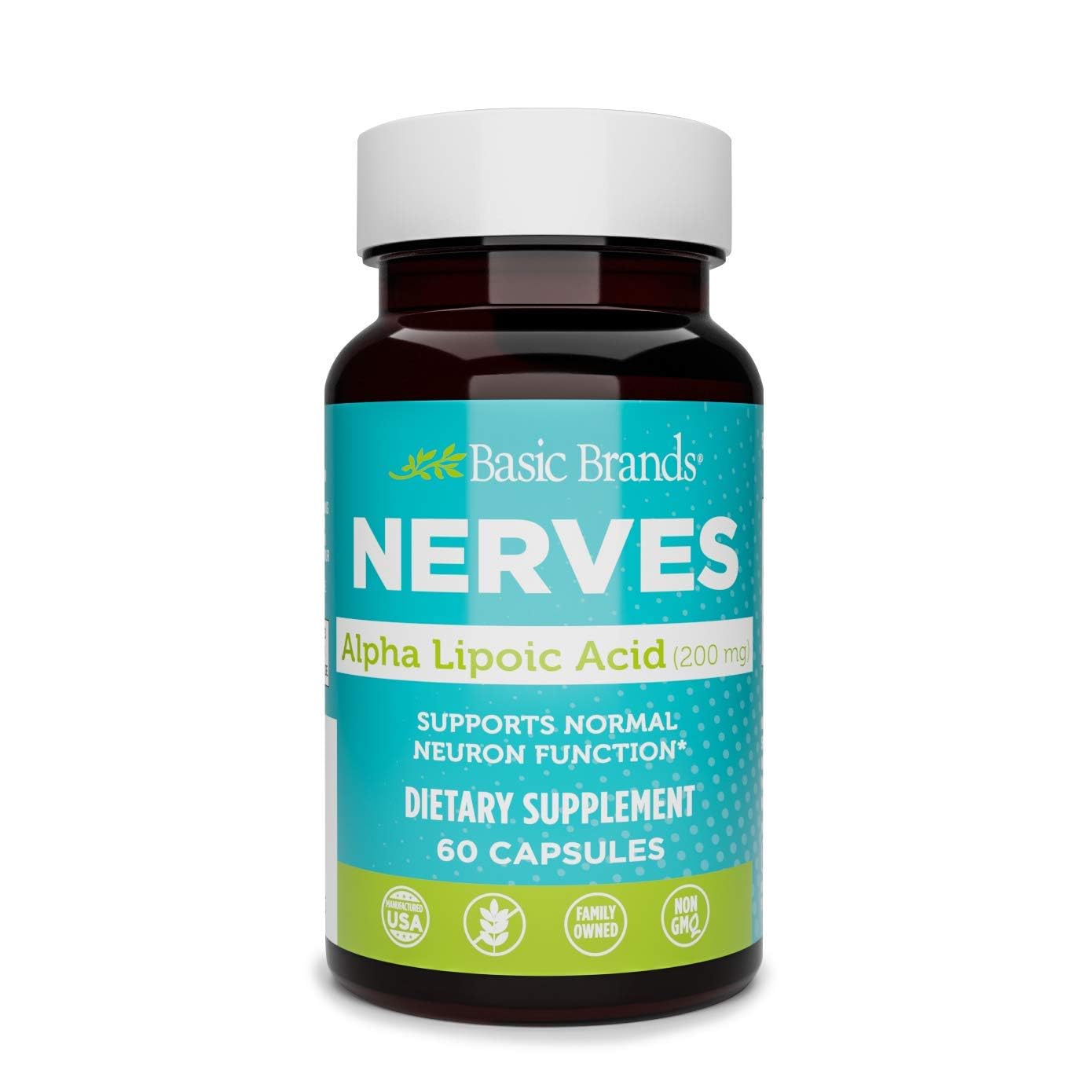 Front label of Basic Brands Nerves Alpha Lipoic Acid 200 mg bottle