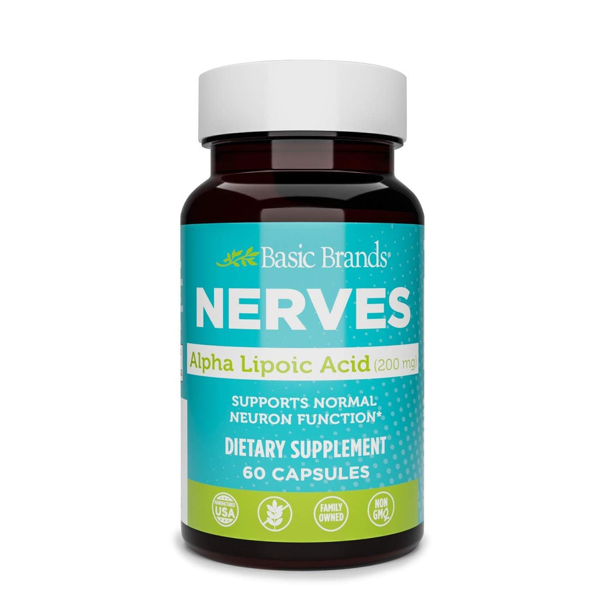 Front label of Basic Brands Nerves Alpha Lipoic Acid 200 mg bottle