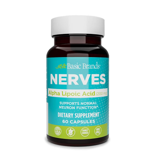 Front label of Basic Brands Nerves Alpha Lipoic Acid 200 mg bottle