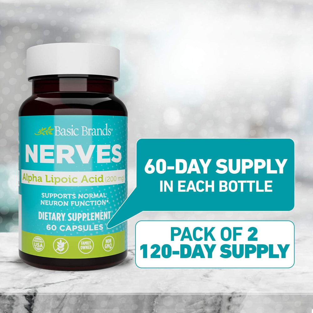 Basic Brands Nerves Alpha Lipoic Acid 200 mg bottle label