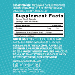 60-count bottle packaging of Basic Brands Nerves Alpha Lipoic Acid