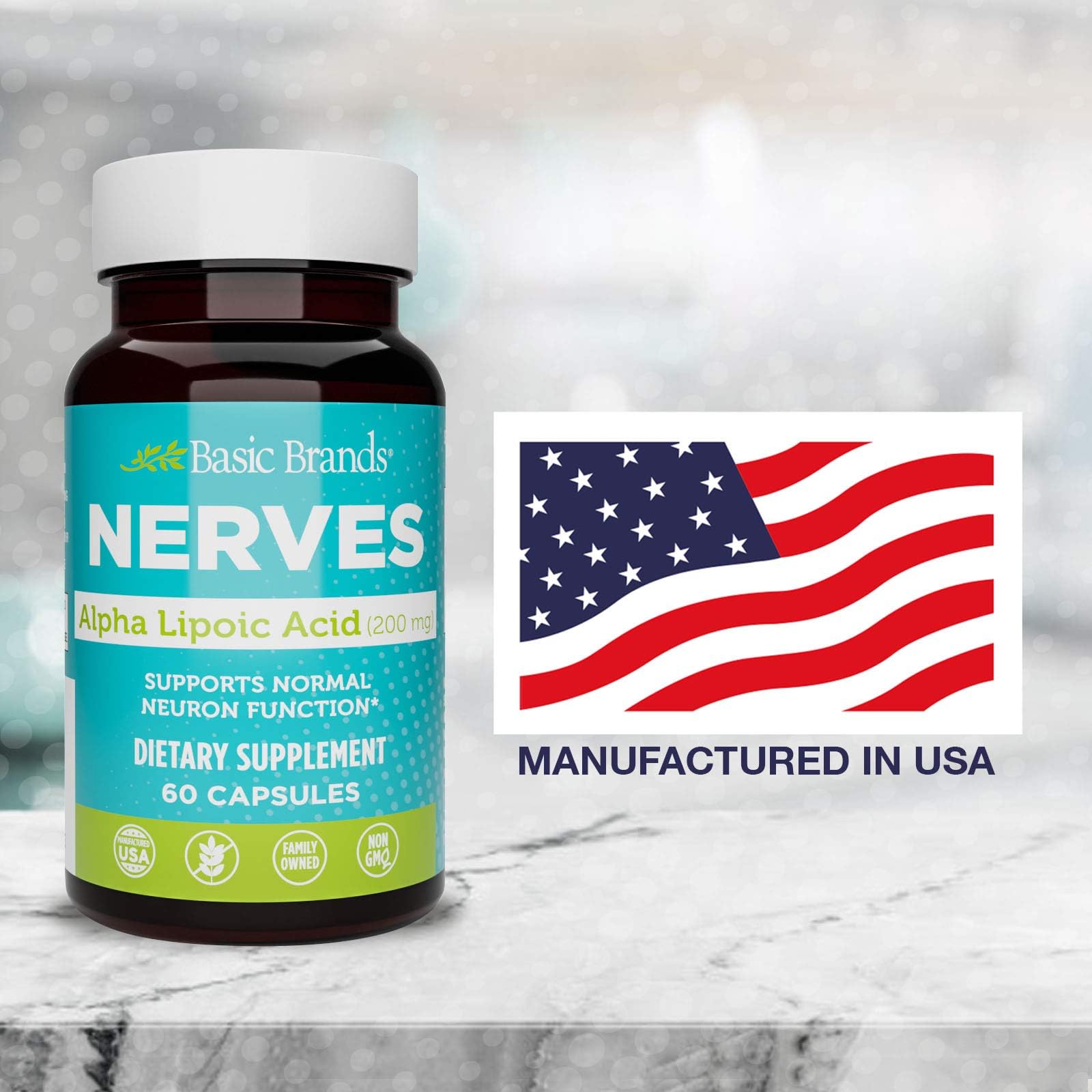 Supplement facts panel for Basic Brands Nerves Alpha Lipoic Acid 200 mg
