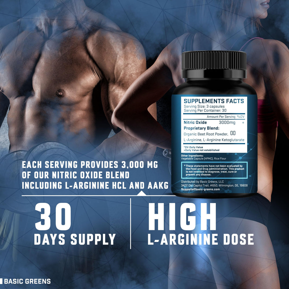 Basic Greens L-Arginine capsules spilled showing easy daily intake.