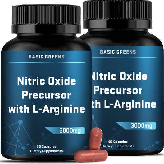 BASIC GREENS L-Arginine 3000mg bottle label – vegan nitric oxide supplement